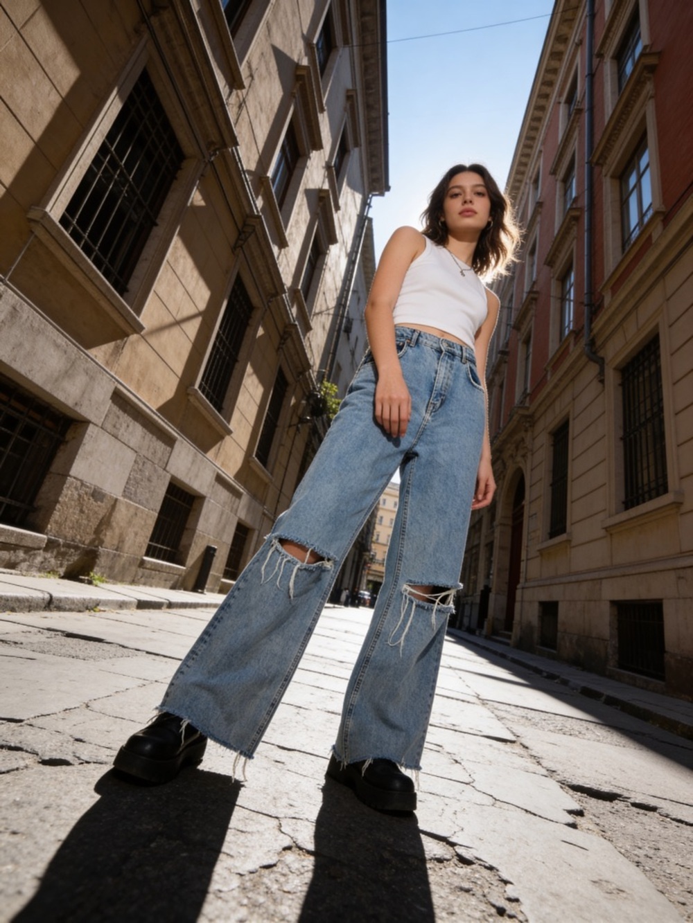 Zara The 90s Full Length Jeans Size 4 Blue Ripped Knee High Rise Distressed